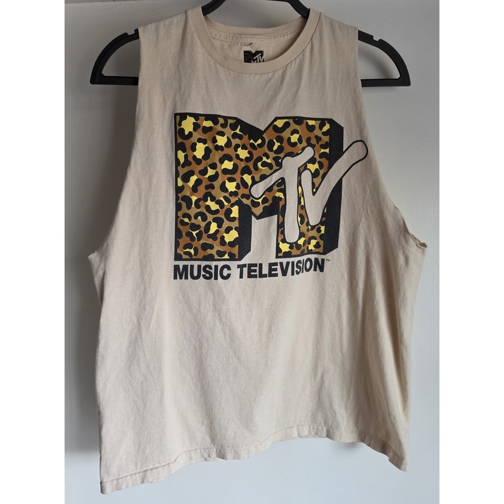 MTV Tank Top Women XS Beige Graphic Sleeveless Cotton Retro Y2K Tee Shirt